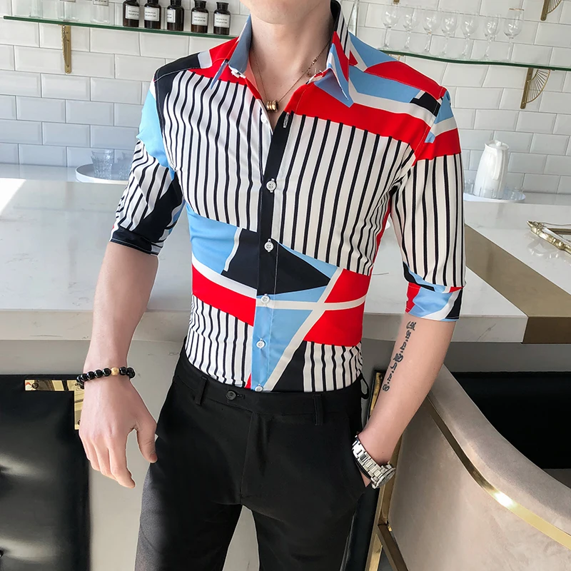 Рубашка мужская приталенная с рукавом до локтя в полоску 3XL|Повседневные рубашки|