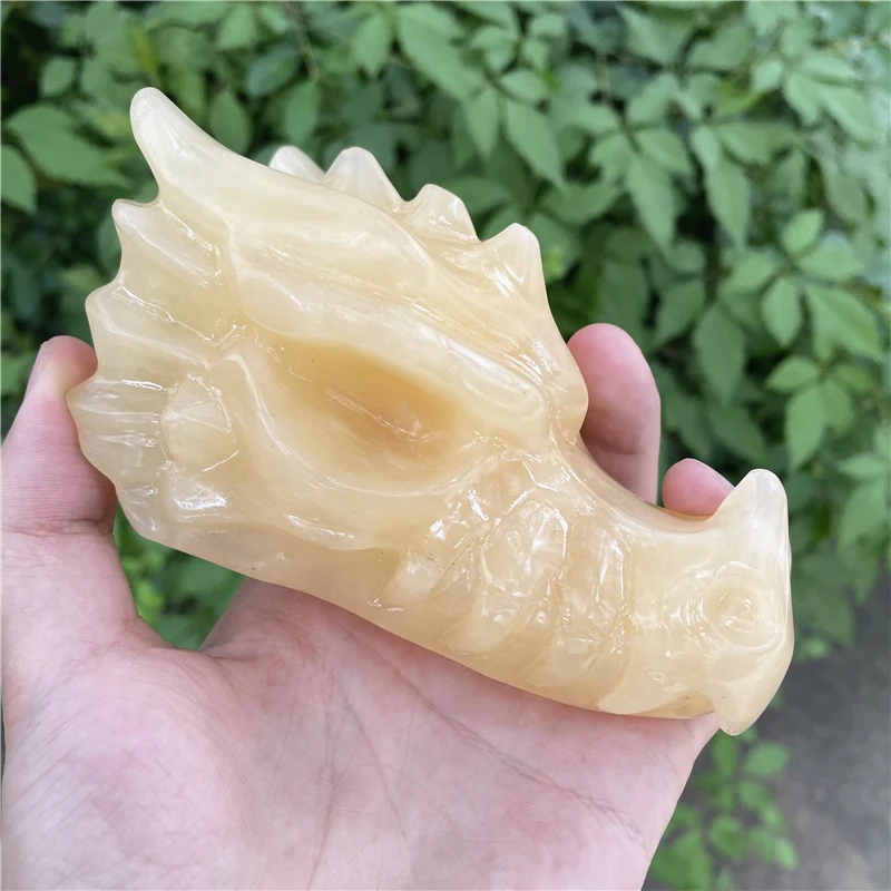 

5inch Natural Crystal Orange Calcite Handmade Carved Dragon Head Skull Polished Animal Powerful Statue For Home Decoration Gift