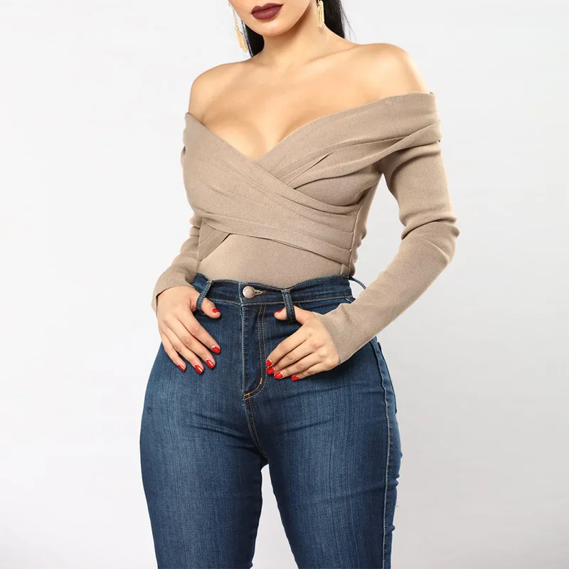 Женский вязаный свитер Tosheiny Однотонный с вырезом лодочкой и длинным рукавом