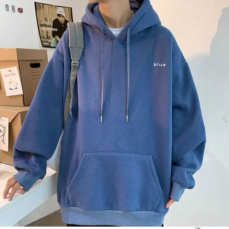 

2021 Korean Couple Hoodie Fashion Blue Letter Print Oversized Sweatshirt Men's Casual Trend Loose Solid Color Pullover