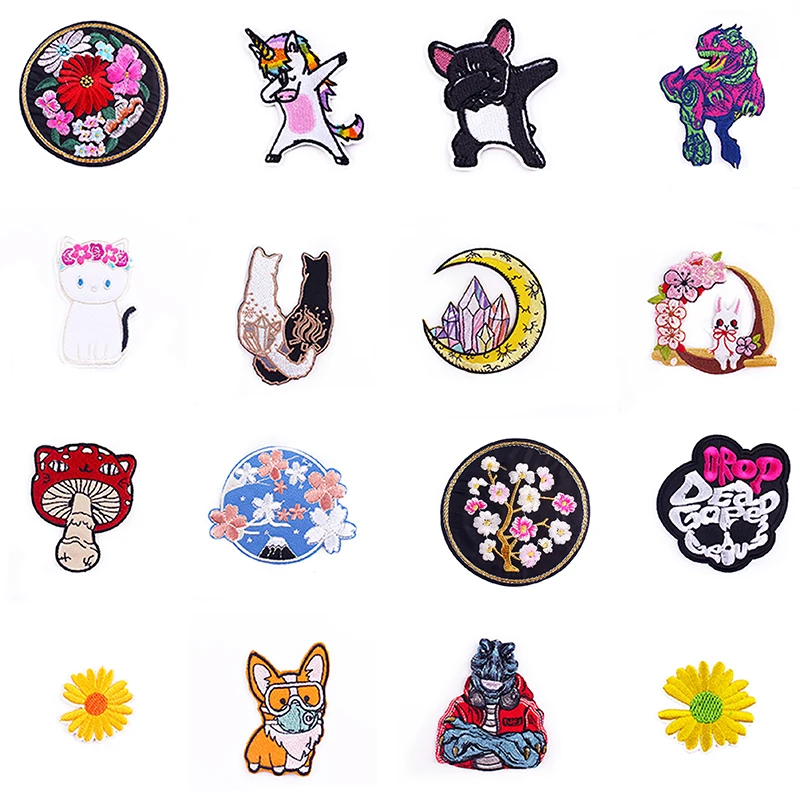 

Dinosaur Embroidered Patches For Clothing Cat/Dog Animal Stripes Iron On Patches Flower Stickers Many styles Patch Accessories
