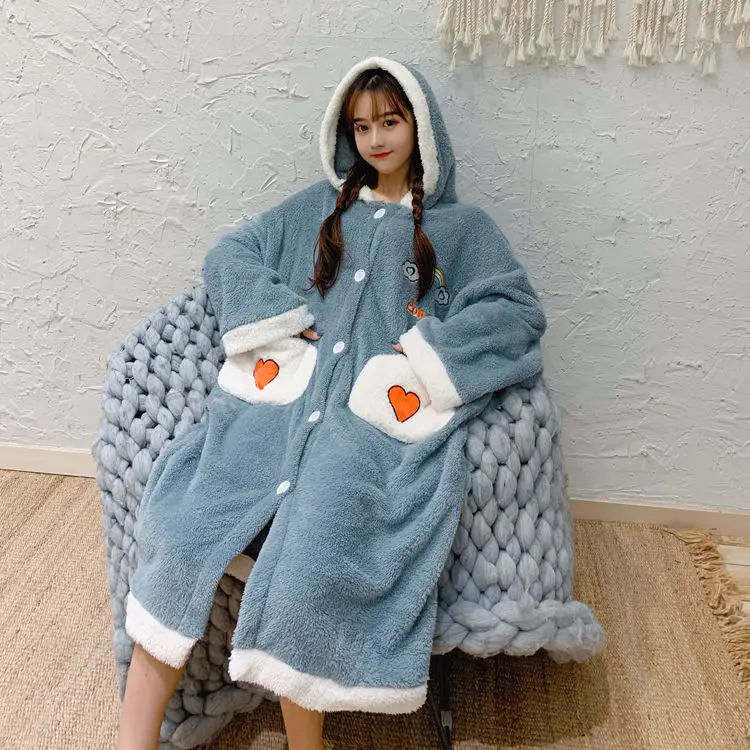 Халат женский фланелевый с капюшоном теплый синий халат-кимоно карманами мягкая