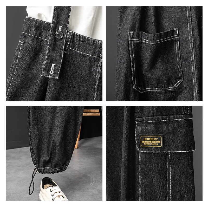 Men Denim Bib Overalls Beam Feet Casual Pants Loose Fashion Big Pocket Hip Hop Streetwear Jumpsuit Black Jeans Freight Trousers