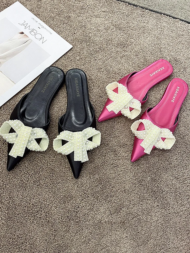 

Cover Toe Female Shoes Slippers Flat Butterfly-Knot Slides Fashion 2022 Pointed Luxury PU Butterfly-knot Rubber Basic Pointed To