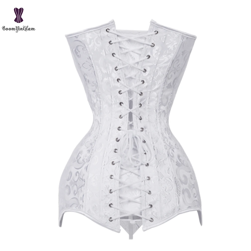 Женский длинный корсет в стиле стимпанк со стальными косточками черный белый