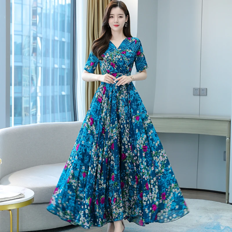 

Women Long Floral Chiffon Dress Summer 2021 Runway Boho Retro Elegant Casual Party Night Beach Vacation Runway Vestidos Korean