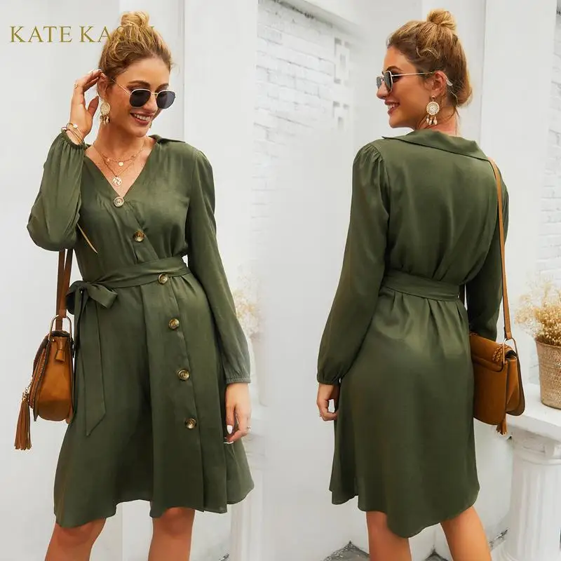 Kate Kasin офисное женское платье-рубашка с длинным рукавом длиной до колена