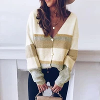 deep v neck contrast color casual cardigans women fall and winter 2021 fashion long sleeve stripe loose knitted sweaters mujer