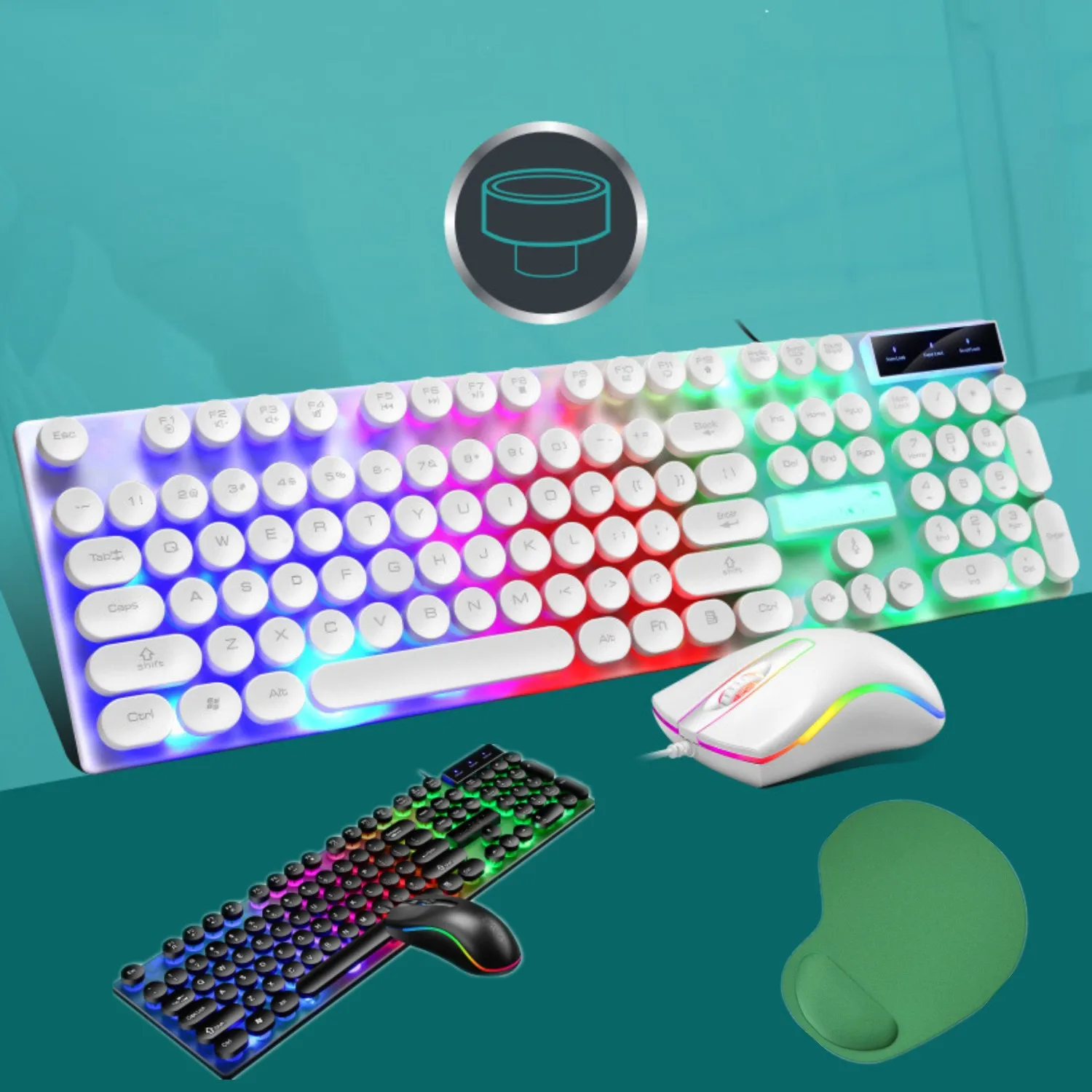 

Mouse and Keyboard Combo USB Wired LED Backlit Ergonomic Luminous Punk Key Hat Dazzle Color Keyboard Mouse For PC Computer