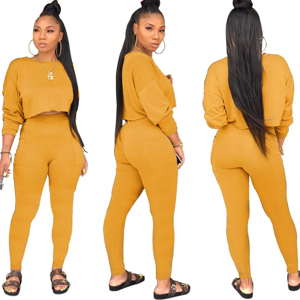 

Women\u2019s Two Piece Sport Clothes Fashion Solid Color Long Sleeve Pullover Top and High Waist Pocket Trousers Outfits