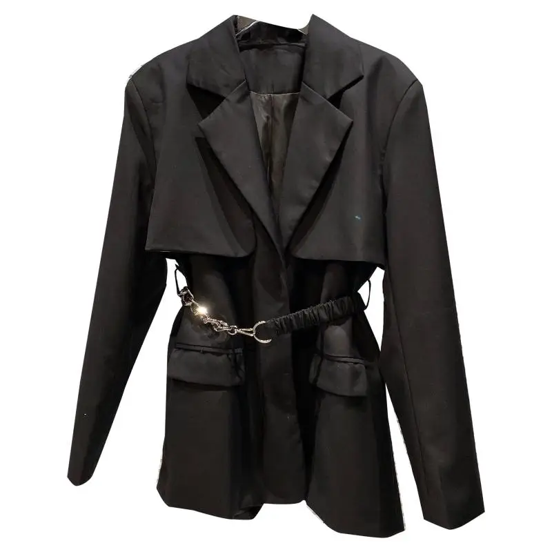 

Women's Suit Collar Casual Blazers 2021 Summer Fashionable Chain Belt Business Suit Female Long Sleeve Loose Jacket