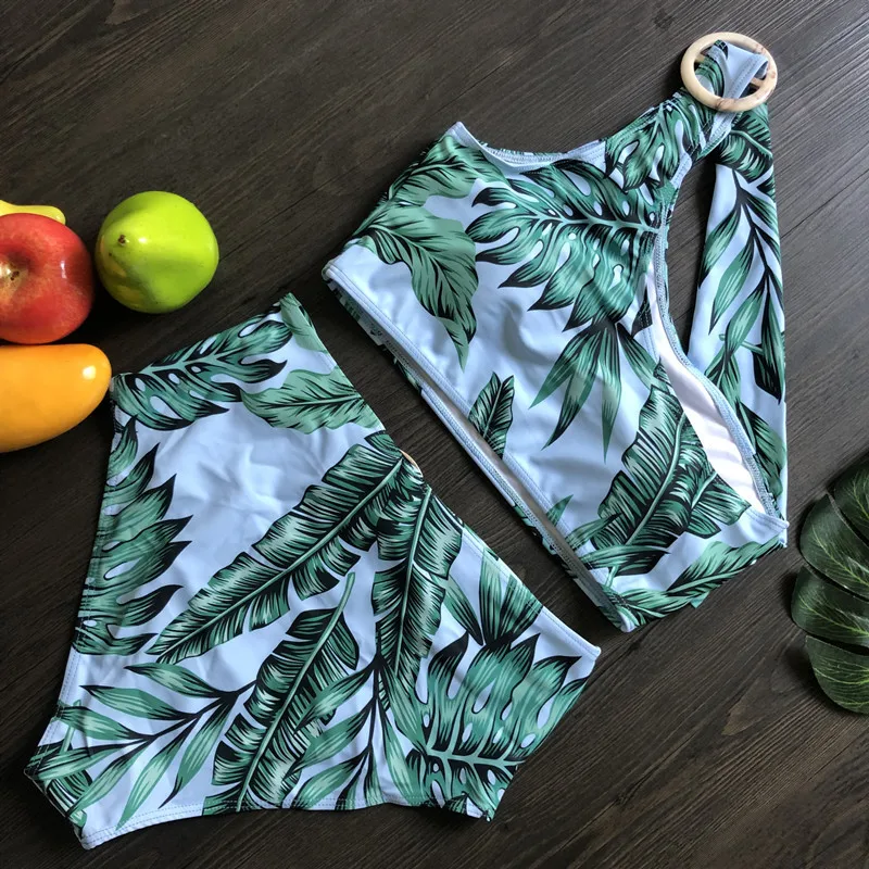 Купальник с высокой талией бикини принтом листьев пуш-ап женский купальник на