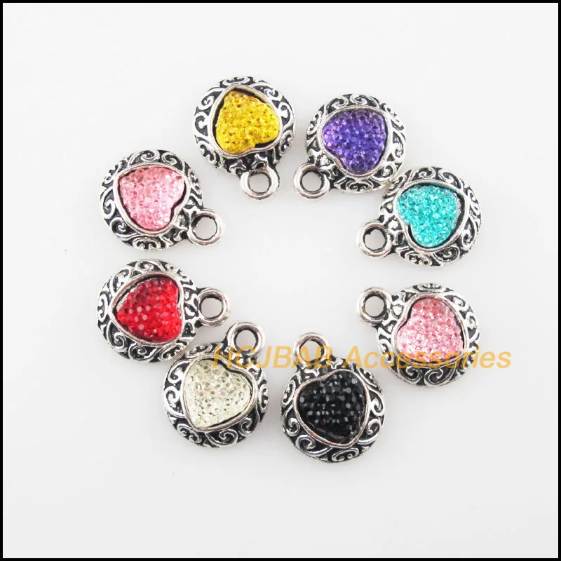 

16Pcs Tibetan Silver Tone Retro Flower Heart Mixed Resin Charms Pendants 13x16mm