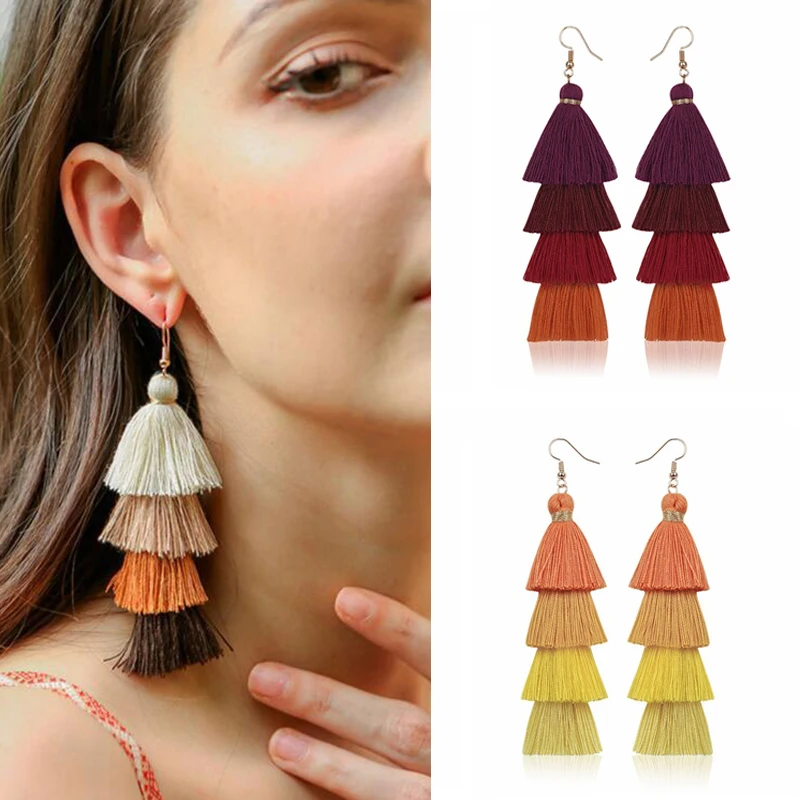 

New 4 Layer Bohemian Multicolor Statement Tassel Earrings Yellow Ear ring Women Big Drop Dangle Earring 2021 Boho Indian Jewelry
