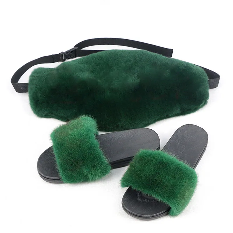 Шлепанцы женские из меха норки меховые тапочки с кроликом Рекс забавные сланцы