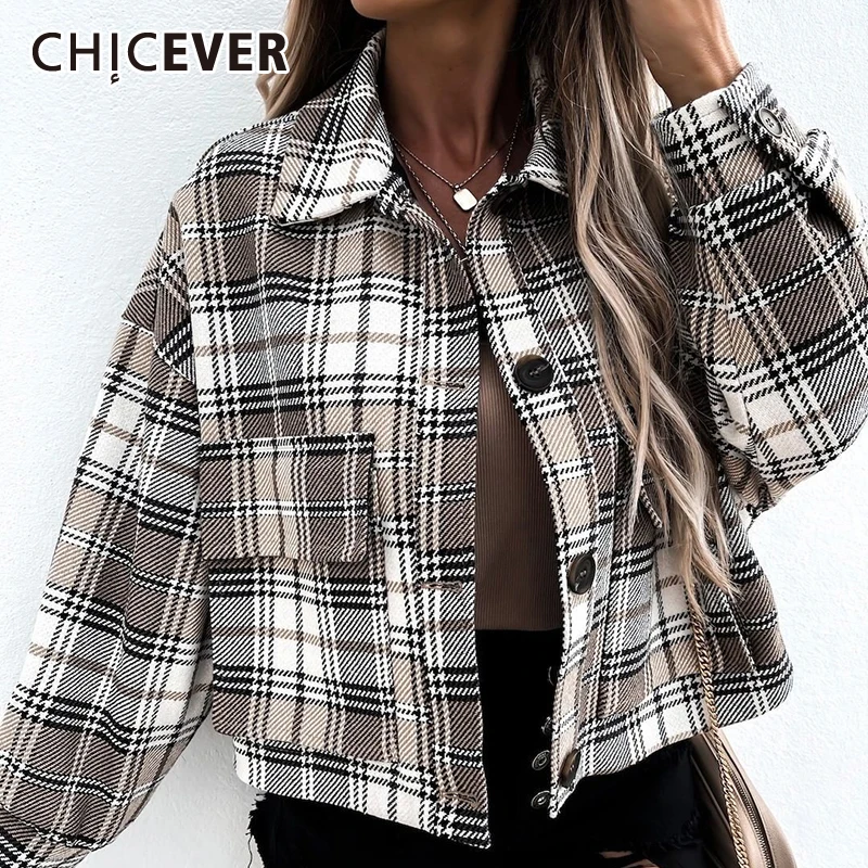 

CHICEVER Print Gingham Colorblock Coats For Women Lapel Collar Long Sleeve Single Breasted Jackets Female Korean Fashion Clothes