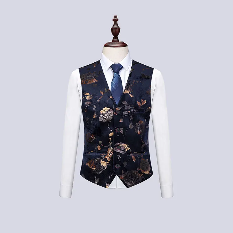 Male Slim Fit Suits Groom Wedding Blazer / Men Flower Print Coat Vest Pants 3 Pieces Set Business Luxury Jacket Waistcoat | Мужские