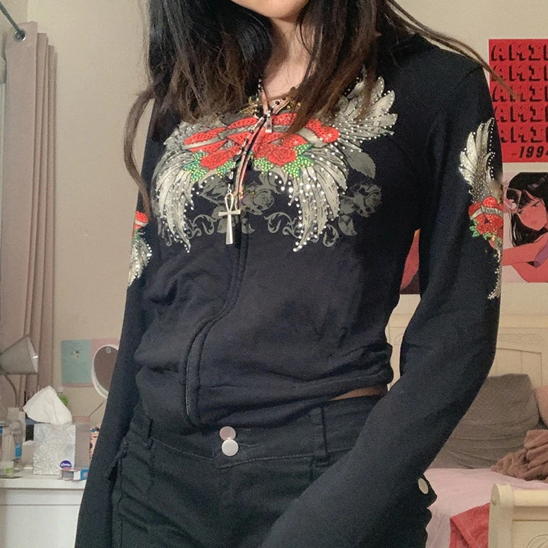 

Print Y2k Kawaii Jackets Rhinestone Zipper Hoodies Long Sleeve Cropped Coat Vintage Autumn Winter Women Clothes