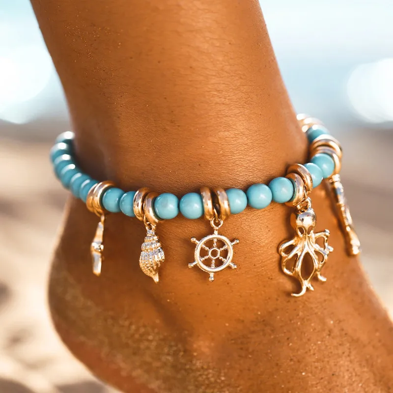 

New Fashion Creative Retro Conch Rudder Octopus Pendant Anklet for Women 2021 Foot Beach Jewelry