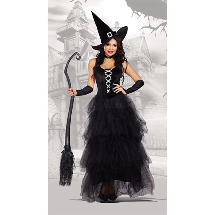 Black Gothic Witch Costume For Adult Women Purim Halloween Cosplay Party Wizards Fancy Dress | Тематическая одежда и