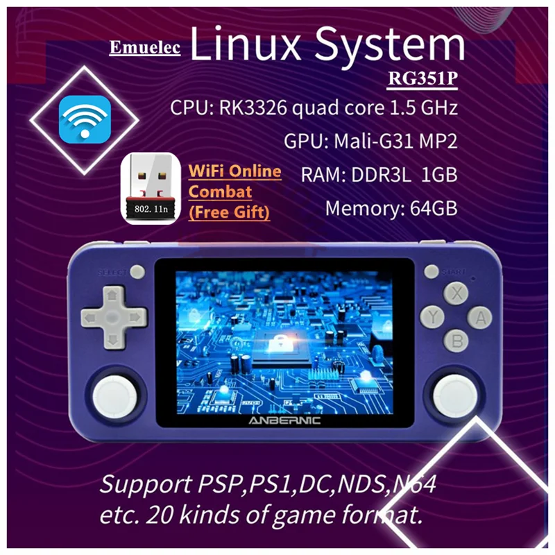 Консоль игровая HEYNOW RK3326 RG351P в стиле ретро Wi Fi 64 ГБ Emuelec Linux 3 5 дюйма IPS экран PS1 N64