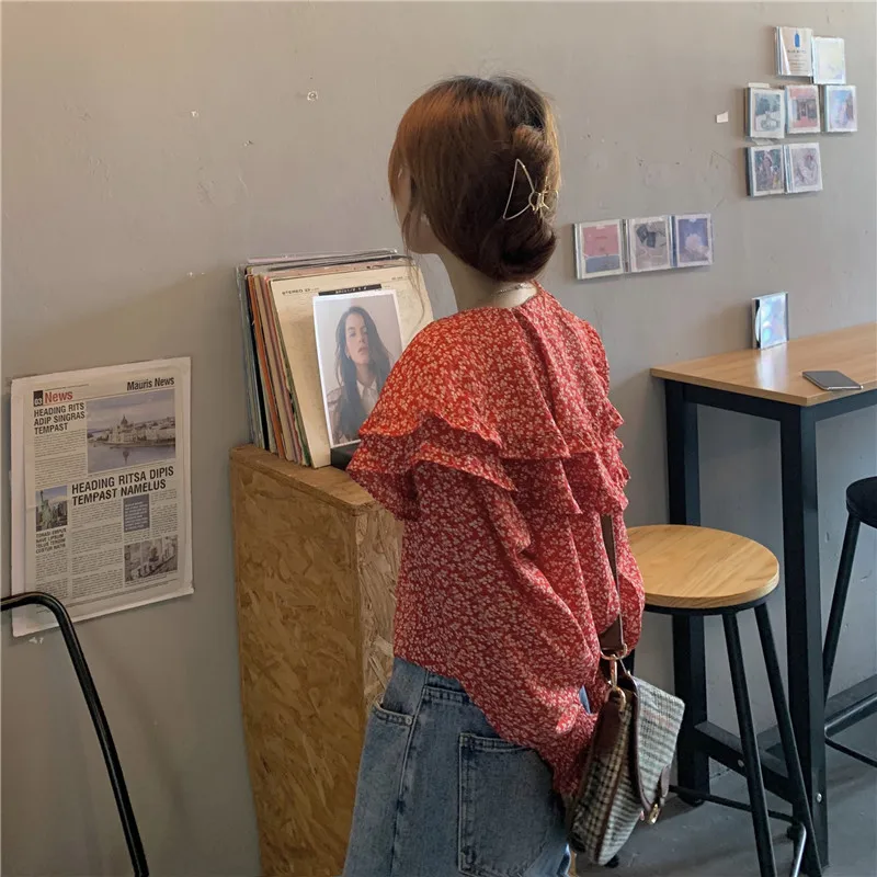 

Ladies Stand Collar Blouse Long Sleeve Shirt Casual Top Floral Print Lantern Sleeve Women Blouses Shoulder Ruffle Feminine Blusa