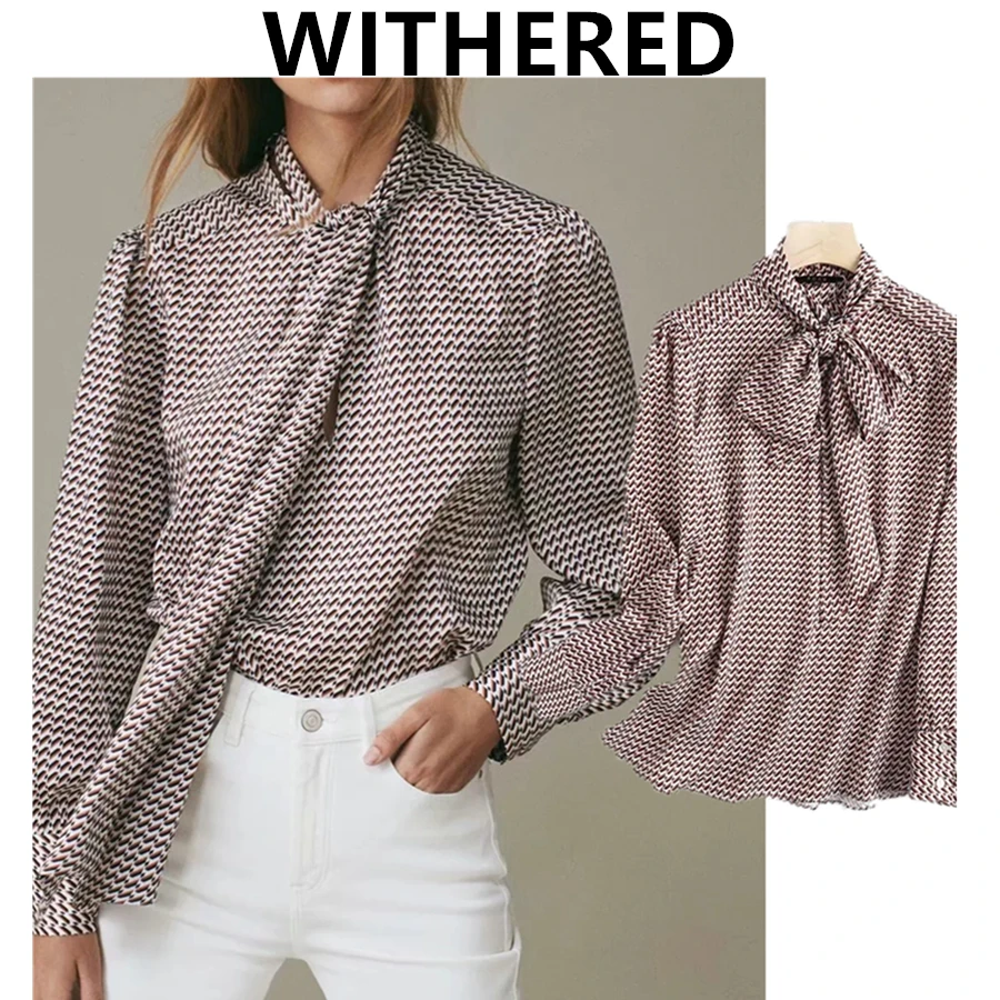 

Dave&Di new arrival autumn england vintage Geometric printing bow casual blouse women blusas mujer de moda 2020 loose shirt top