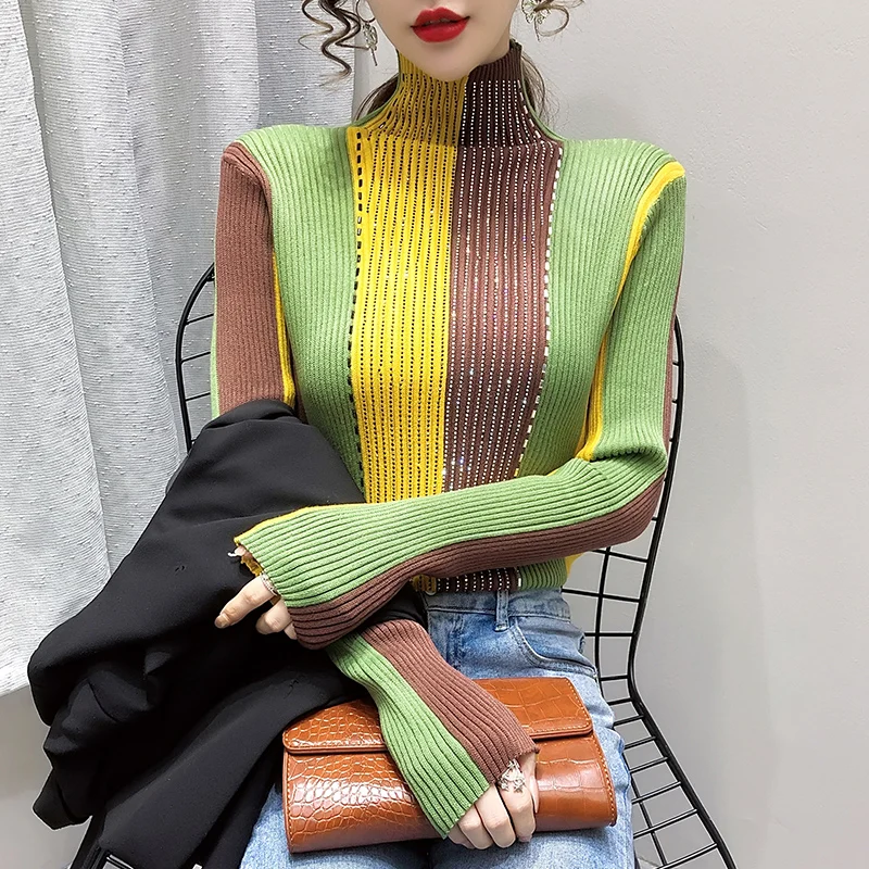 Свитер бриллианты с воротником хомут новая зимняя облегающая сращенная