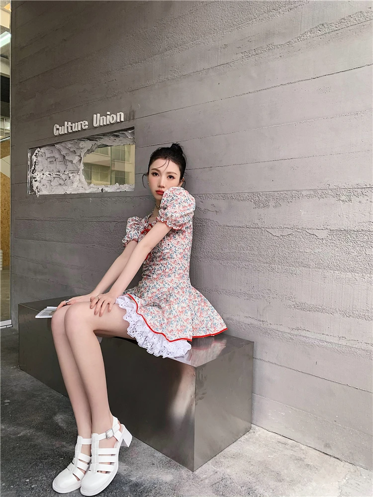 

Kawaii Small Floral Women Ruffle Mini Dress Puff Sleeve Vintage High Waist Patchwork Color Contrast Fashion Sweet Dresses Summer