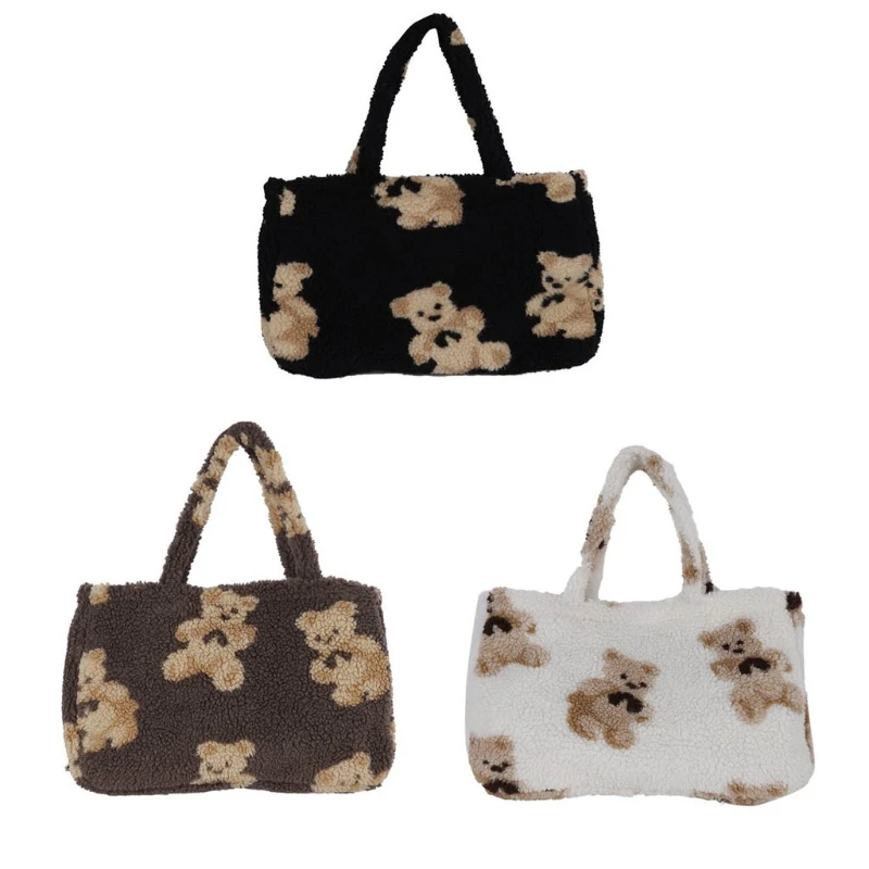 

Женская сумка-тоут из ткани ягненка на плечо, пушистые меховые сумки с медведем, сумки для покупок H8WD