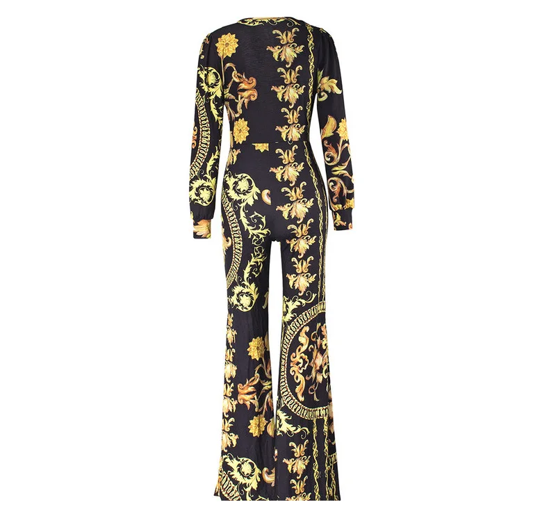 

2021 European new printed nightclub Jumpsuit fashion sexy slim V-Neck long sleeve women's shirt pants