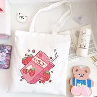 women canvas bag strawberry milk print shopping bag cotton cloth shoulder bag eco handbag tote bag reusable grocery shopper bags