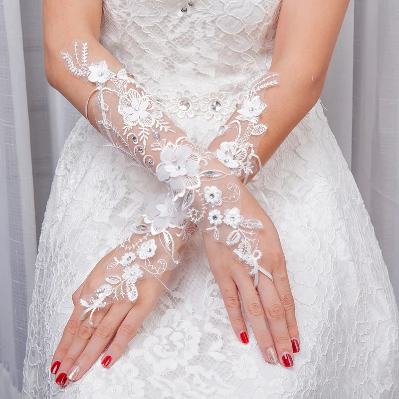 Длинные кружевные свадебные перчатки без пальцев, женские Вечерние перчатки для официального банкета невесты, перчатки с кристаллами для в...