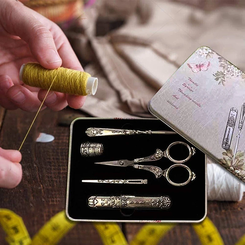 

5PCS European Classical Craft Sewing Supplies Household Retro Carved Sewing Tool With Storage Box Professional Sewing Tool