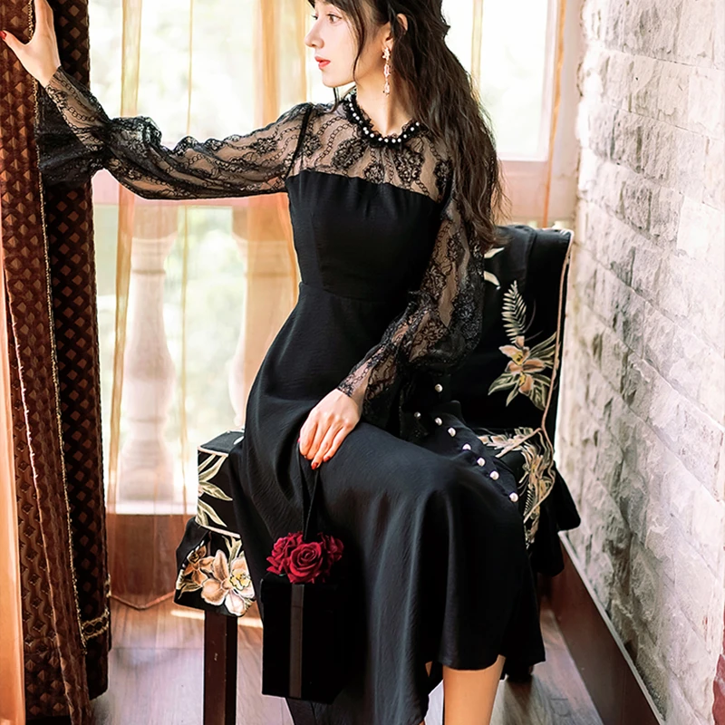 

Женское вечернее платье, черное винтажное кружевное Ретро вечерние с длинным рукавом, готическое цельное платье, осень 2021