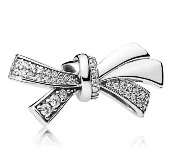 

Genuine 925 Sterling Silver Bead Charm Sparkling Oversized Brilliant Bow With Crystal Beads Fit Women Pan Bracelet & Neckla
