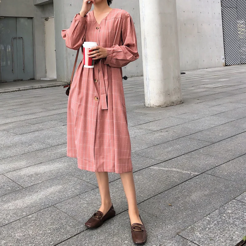 KINOMI осенние женские повседневные клетчатые длинные платья с длинным рукавом