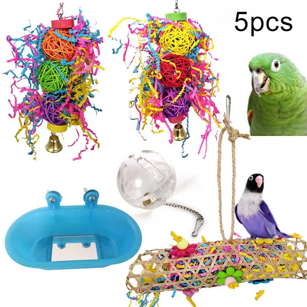 

5Pcs Pet Bird Parrot Bell Ball Bathtub Hanging Cage Stand Swing Bite Chew Toy