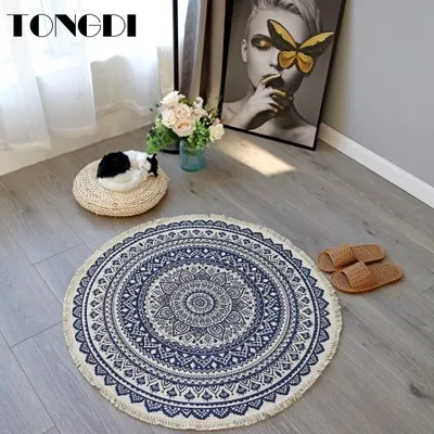 

TONGDI Boho Round Carpet Mat Printing Soft Elegant Lace Fringed Anti-slip Rug Luxury Decor For Home Parlour Living Room Bedroom