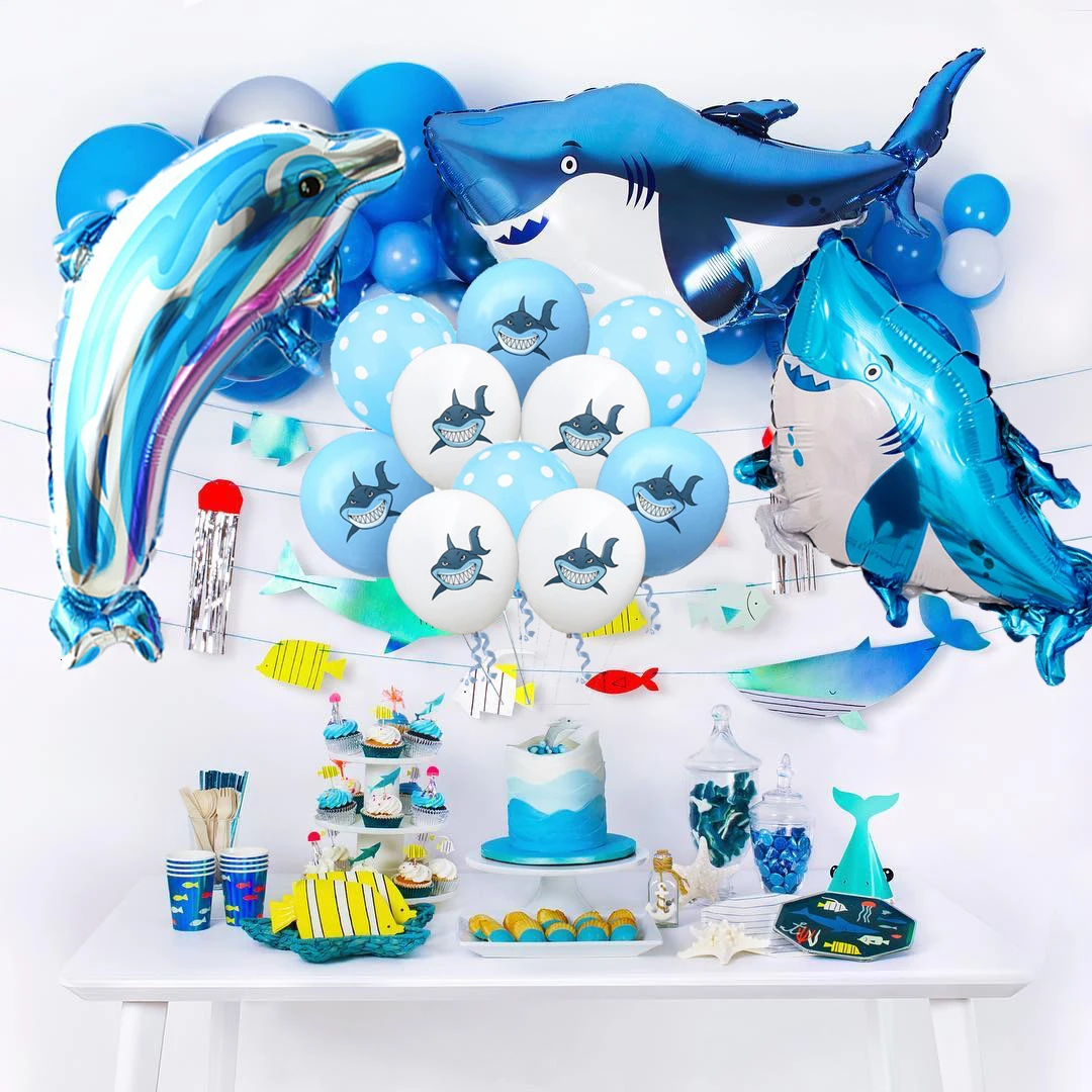 Воздушный шар в виде акулы на день рождения с изображением животных для