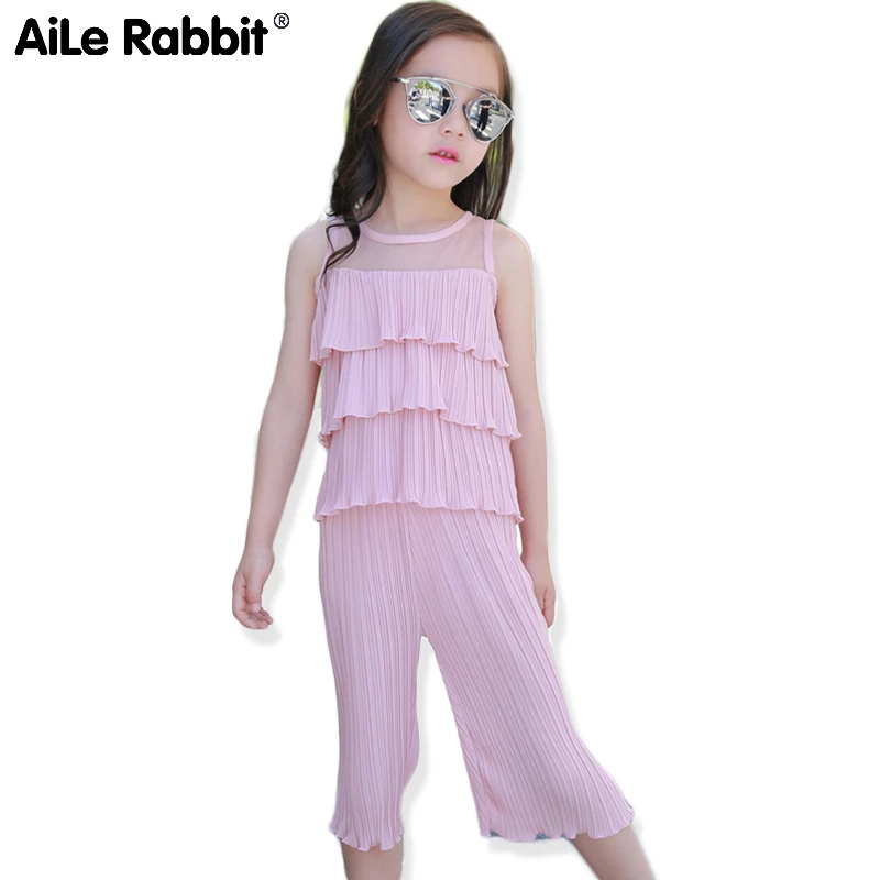 

2019 Новый шифоновый комплект для девочек, жилет без рукавов, топ и штаны, комплект из 2 предметов, розовый костюм со складками, детская одежда ...