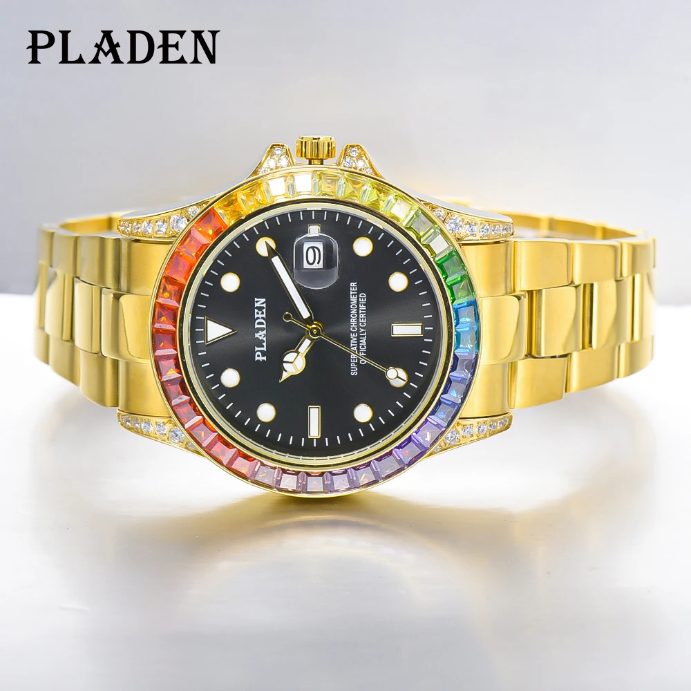 Роскошные мужские часы PLADEN с сапфировым стеклом, модные наручные часы из 18-каратного золота с автоматической датой и бриллиантовой оправой, часы из нержавеющей стали для мужчин