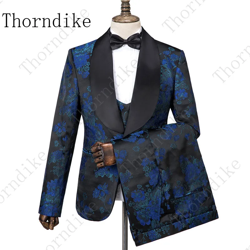 Thorndike Новое поступление мужские костюмы темно-синий, с цветами напечатаны 3 шт. смокинг винтажные свадебные костюмы для шафера Terno Masculino