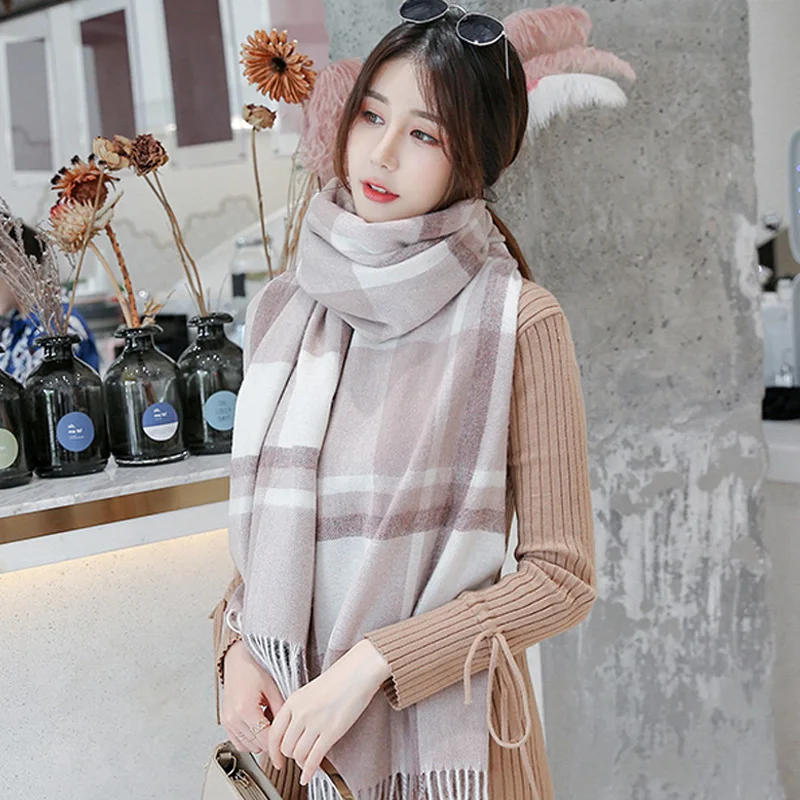 Зимний классический клетчатый шерстяной шарф для женщин с кисточками тонкая