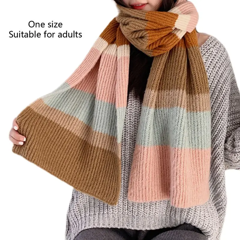 

Womens Knitted Scarf Rainbow Stitching Color Stripes Autumn Winter Warm Shawl Y5GC