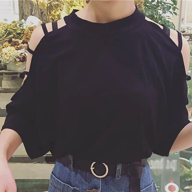 

Women Summer Top O-Neck Hollow Out Cold Shoulder Half Sleeve T-Shirt Solid Harajuku Style Cotton Blend Tops