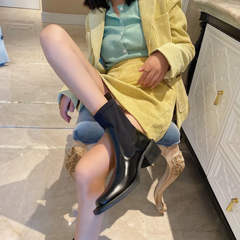 

Designer Black Leather Women Ankle Boots Pointed Toe 5CM Square Heel Boots Autumn Winter Shoes Woman Elastic Band Chelsea Boots