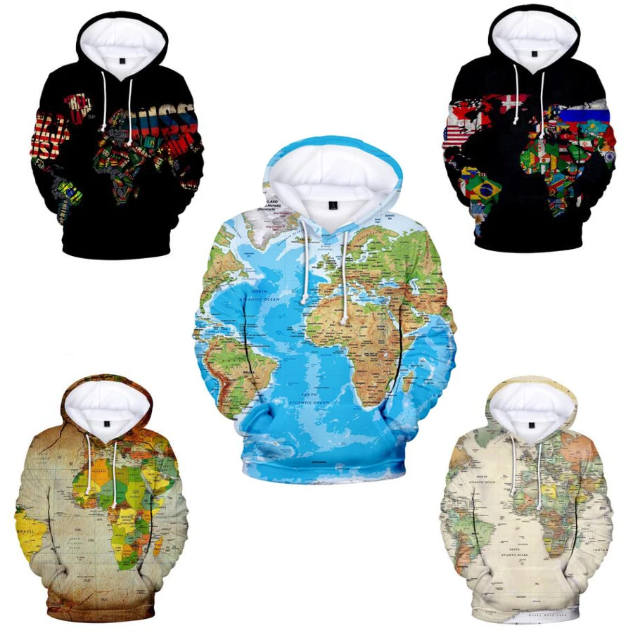 Sudadera con capucha con estampado 3D de mapa del mundo para hombre y mujer, ropa de calle con estampado de mapa del mundo, jersey de chándal estilo Hip Hop, chaqueta con capucha Harajuku
