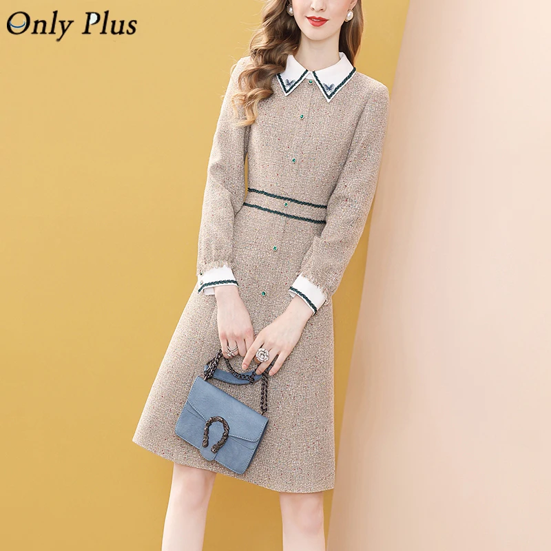 

Itoolin Fashion Grey Tweed Bow Tie Dresses Winter Women Long Sleeve Diamonds Button Vintage Woolen Party Midi Dress Turn Down