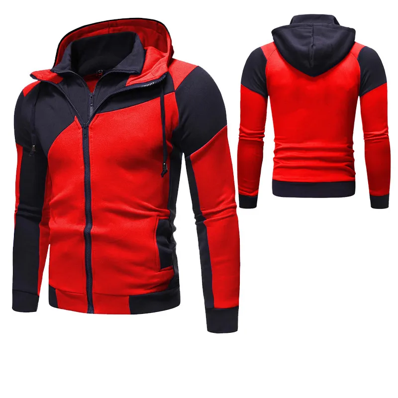 

2021 New Men's Spring And Autumn Pure Color Casual Fashion Double Zipper Stitching Jacket Long-Sleeved Fleece Warm Sports Hoodie